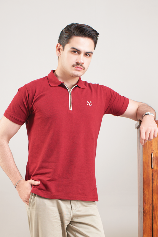 MAROON BASICS ZIP POLO